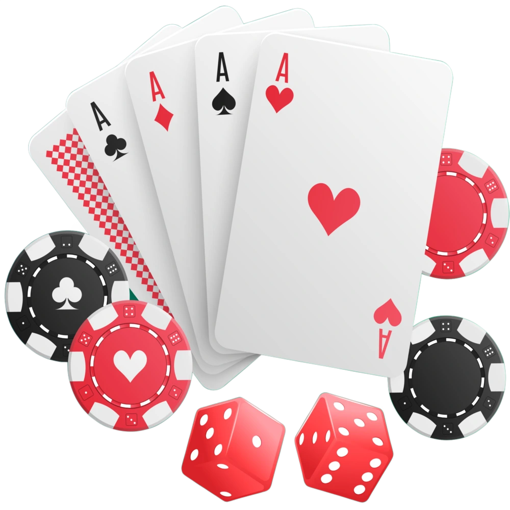 Playing cards, dice and poker chips